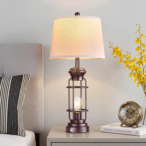 Set Of 2 Farmhouse Style Table Lamps For Living Room And Nightstand, 28 Inch Dimmable Touch Lamps In Oil Rubbed Bronze Finish, Includes 4 Bulbs, Rustic Industrial Lighting That Pops In Any Room on nightstand with yellow flowers and clock