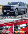 LED Flasher Relay For Turn Signal And Hazard Warning Replacement Fits 2003 2004 2005 2006 2007 GMT800 Vehicles Hummer Chevy Cadillac GMC Replaces 15764135 10383321 LM487 15231201 displayed in vehicle context and before-after headlight comparison