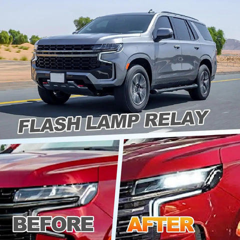 LED Flasher Relay For Turn Signal And Hazard Warning Replacement Fits 2003 2004 2005 2006 2007 GMT800 Vehicles Hummer Chevy Cadillac GMC Replaces 15764135 10383321 LM487 15231201 displayed in vehicle context and before-after headlight comparison