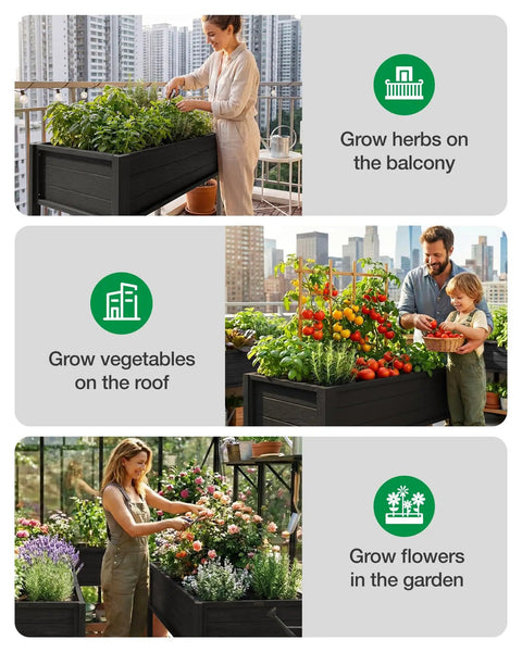 Waist-High Raised Garden Bed On Legs For Easy Upright Gardening 48X24X30 Inch Elevated Planter Box with herbs and vegetables.