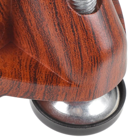 Close-up of Tough As Nails Adjustable Furniture Leveling Legs, showing wood insert and non-slip plastic feet details.