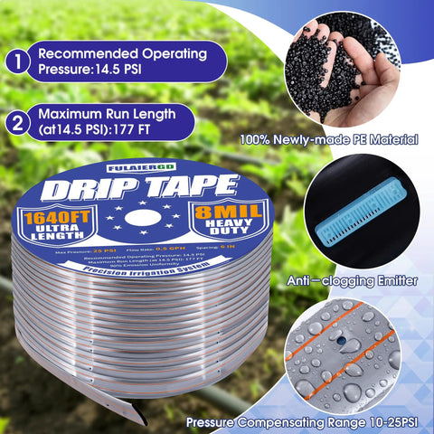 1640 Ft Five Eighth Inch Drip Tape Kit With Six Inch Emitter Spacing, Eight Mil Thick PE Tubing, UV Resistant Silver