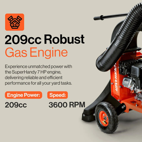 Gas Powered Leaf Vacuum And Wood Chipper Combo With 7HP 209cc Engine showing engine details and specifications