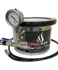 No Fuss 1.5 Gallon Vacuum Chamber Pressure Pot With Tempered Glass Lid And Rugged Steel Body showing pressure gauge and valve.