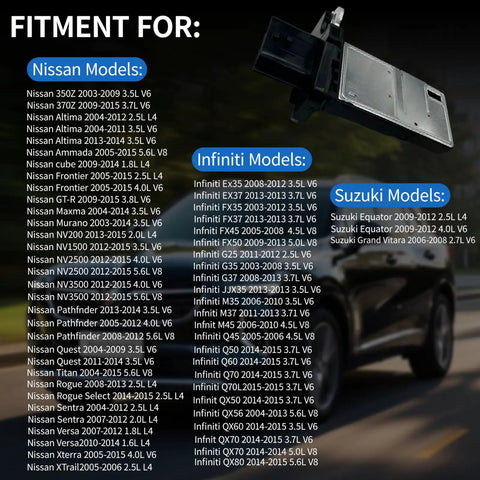Fitment chart for Nissan Infiniti Mass Air Flow Sensor MAF OE Replacement 22680-7S000 with vehicle models listed