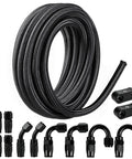 Premium 6AN Fuel Line Kit With 25 Feet Stainless Steel Braided Hose, Anodized T6 Aluminum Fittings, Clamps, And Adapters For High Performance Car Mods And Racing Builds, black hose and fittings