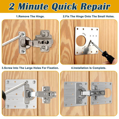 Step-by-step guide using a 50 Piece Cabinet Hinge Repair Plate Kit With Stainless Steel Mounting Plates And 300 Screws