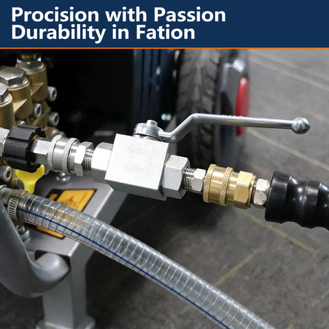 Hydraulic ball valve, 3/4 in NPT, 2-way shut-off, lever-operated with brass fittings on a hydraulic line