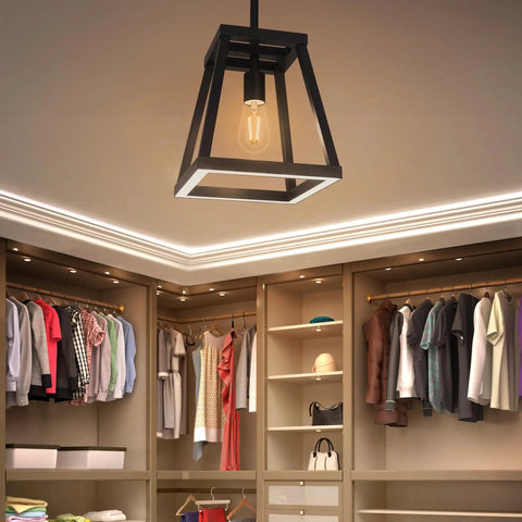 Vintage Exposed Filament LED ST19 Bulb With Clear Glass And E26 Base 60W Equivalent in black pendant fixture in closet