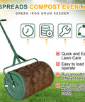 24 Inch Compost Spreader For Peat Moss And Manure Lightweight Metal Mesh Roller With Adjustable T Shaped Handle on lawn.