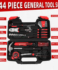 Real Deal 144 Piece Red Home Tool Set With Tough Plastic Carry Case And Essential Household Hardware Kit Featuring A Sturdy Claw Hammer Plus Assorted Screwdrivers For Apartment Garage Diy Fixes, showcasing tools like pliers, hammer, and screwdrivers.