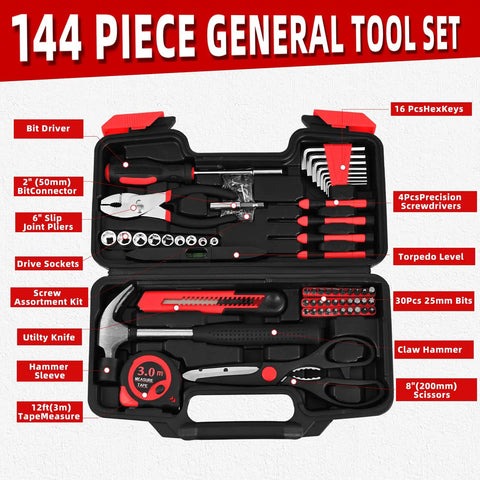 Real Deal 144 Piece Red Home Tool Set With Tough Plastic Carry Case And Essential Household Hardware Kit Featuring A Sturdy Claw Hammer Plus Assorted Screwdrivers For Apartment Garage Diy Fixes, showcasing tools like pliers, hammer, and screwdrivers.