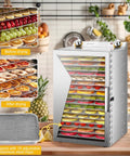 Heavy Duty Commercial Food Dehydrator Featuring 18 Slick Stainless Steel Trays Plus Adjustable 24 Hour Timer, before and after drying foods.