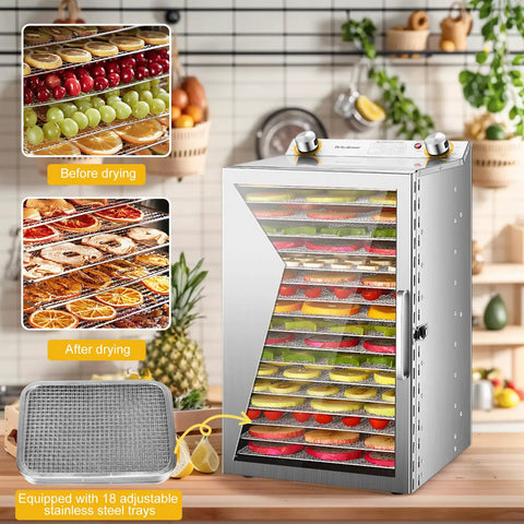 Backyard BBQ Pro Style Electric Food Dehydrator With 18 Spacious Stainless Trays and a Foolproof 24 Hour Timer with dried fruits.