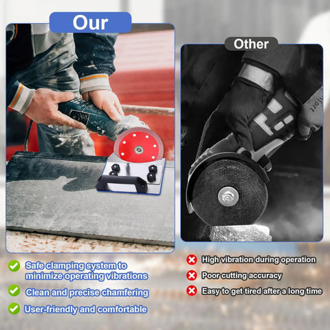 Comparison of adjustable 45 degree tile chamfering tool with angle grinder stand and a traditional grinder use