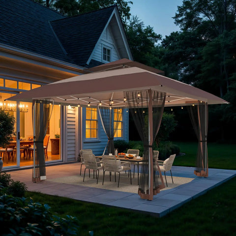 13x13 Pop Up Gazebo Outdoor Canopy Shelter With Four Sandbags No Fuss Quick Setup Sun Shade Canopy Double Tier Mesh Netting Waterproof UV Block Oxford Cloth Mosquito Guard For Lawn Garden Backyard And Deck Coffee installed in backyard