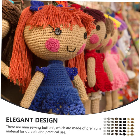 Crocheted dolls in colorful dresses hanging next to a display of 40 pieces miniature metal snap fasteners for doll clothes and craft projects decorative buttons for sewing and DIY doll accessories safe and easy snap closures.