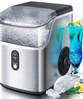 Chewable Nugget Ice Maker Countertop With One Touch Operation, Self Cleaning, Fast Ice Making Up To 34 Lbs Per Day, Perfect For Office, Home Or Bar, Slick Silver next to a blue drink and ice scoop.