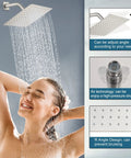 Brushed Nickel Tub And Shower Faucet Set With 8 Inch Rain Shower Head Wall Mounted, woman enjoying waterfall shower.