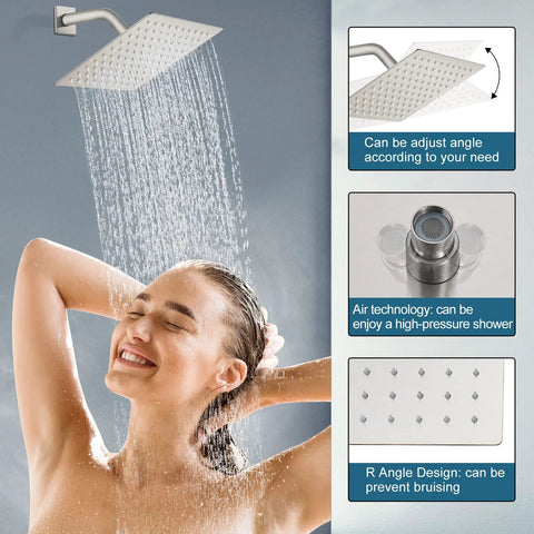 Brushed Nickel Tub And Shower Faucet Set With 8 Inch Rain Shower Head Wall Mounted, woman enjoying waterfall shower.