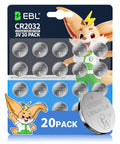 Heavy Duty CR2032 3V Coin Cell Batteries 20 Pack view with cartoon character and lithium cells in child-safe packaging.