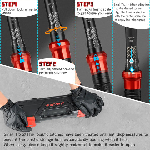 Steps showing how to adjust 1/2 Inch Drive Torque Wrench With 10 To 170 Ft Lb Range And 13.6 To 230.5 Nm Dual Scale Plus Pro Grade Precision