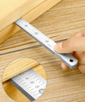 Side view of QWORK taper gauge feeler tool measuring a 0.4-6 mm wood gap; carbon steel with chrome plating