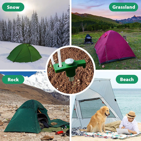 Beefy Heavy Duty Galvanized Tent Stakes 10 Pack With Ropes for High Winds Rust Proof Ground Pegs installed in various terrains