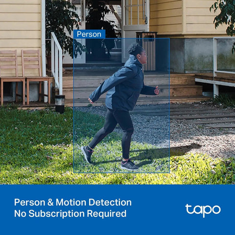 2K Indoor Outdoor Wired Security Camera Kit captures person running with motion detection in yard, highlighting surveillance features.