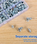 Grease Fittings Kit 110 Pcs Metric And NPT Assortment with storage box on wooden surface