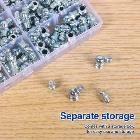 Grease Fittings Kit 110 Pcs Metric And NPT Assortment with storage box on wooden surface