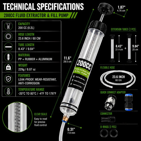 Heavy Duty Manual Fluid Extractor Pump Featuring Two Flexible Hoses For Rapid Engine Oil Brake Fluid And Coolant Transfer with technical specs.