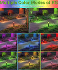 Collage of Smart LED Round Bollard Lights with App Control, showing RGB color changing modes in a garden pathway setting