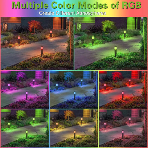 Collage of Smart LED Round Bollard Lights with App Control, showing RGB color changing modes in a garden pathway setting