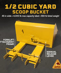 Heavy Duty Front Loading Forklift Bucket Half Cubic Yard Capacity 45 Inch Wide Self Dumping Scoop for moving raw yard fill and gravel, featuring manual release lever.
