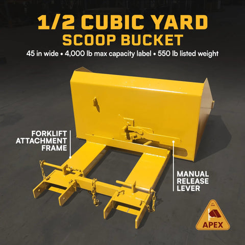 Heavy Duty Front Loading Forklift Bucket Half Cubic Yard Capacity 45 Inch Wide Self Dumping Scoop for moving raw yard fill and gravel, featuring manual release lever.