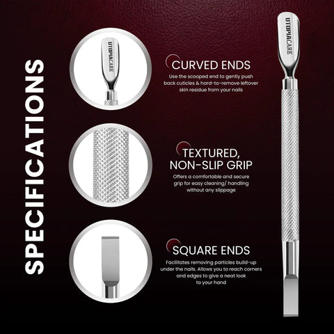 Cuticle Pusher Tool And Spoon Nail Cleaner Stainless Steel 5.5 Inch with curved ends, non-slip grip, and square ends specification