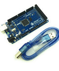 Arduino Mega 2560 R3 Compatible Board Kit with ATmega2560 and ATmega16U2 USB Interface, blue USB cable on white background.