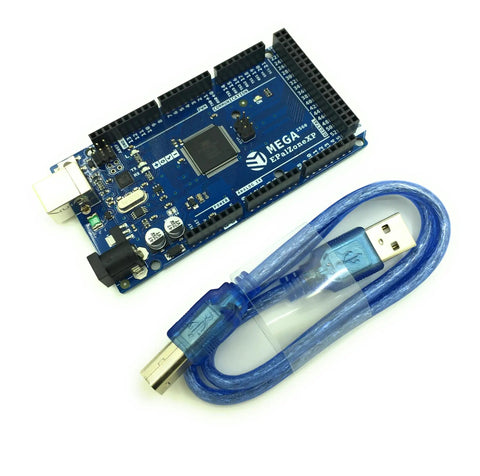 Arduino Mega 2560 R3 Compatible Board Kit with ATmega2560 and ATmega16U2 USB Interface, blue USB cable on white background.