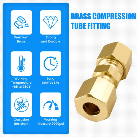 Brass compression tube fitting, 1/4 in OD x 1/4 in OD, ice maker water line connector