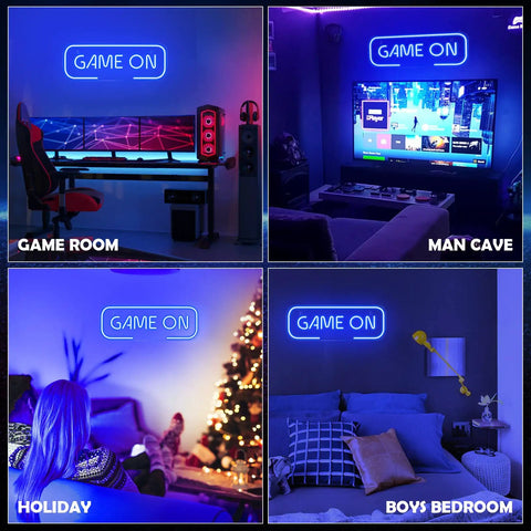 Lit Gaming Neon Sign Blue LED Wall Decor in various room setups, including game room, man cave, holiday setting, and boys bedroom.