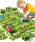 Toddler playing with 56 Piece Jigsaw Race Track Car Set For Toddlers And Kids Ages 2 3 4 5 6 Colorful City Theme Puzzle Tracks