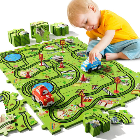 Toddler playing with 56 Piece Jigsaw Race Track Car Set For Toddlers And Kids Ages 2 3 4 5 6 Colorful City Theme Puzzle Tracks