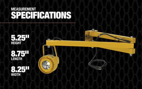 20W LED Dock Light With 40 Inch Folding Arm, 1700 Lumens, IP65 Rated Yellow Job Site Light shown with specifications