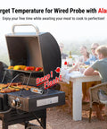Rechargeable Instant Read Meat Thermometer With Dual Temperature Display And Alarm in use on outdoor BBQ grill, showing display.