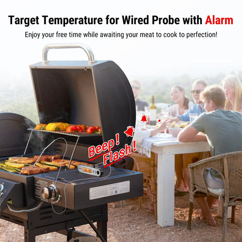 Rechargeable Instant Read Meat Thermometer With Dual Temperature Display And Alarm in use on outdoor BBQ grill, showing display.