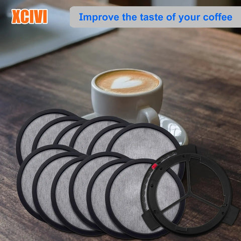 Replacement Water Filtration Set For Mr Coffee Brewers With Frame And Filter Discs 1 Frame Plus 12 Discs next to coffee cup
