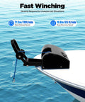 Heavy Duty 12V Marine Electric Anchor Winch With Wireless Remote For Small Boats Up To 24ft Includes Rope And Roller For Easy Docking mounted on boat with blue rope.