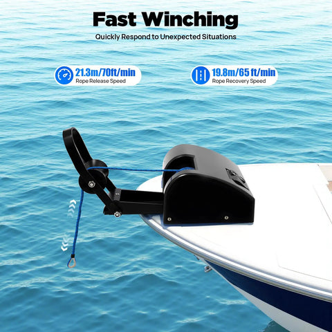 Heavy Duty 12V Marine Electric Anchor Winch With Wireless Remote For Small Boats Up To 24ft Includes Rope And Roller For Easy Docking mounted on boat with blue rope.