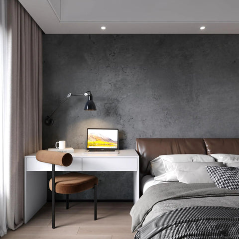 Bedroom wall with Dark Gray Concrete Texture Contact Paper Thick Matte Vinyl Wallpaper Peel And Stick 24x197 Inches behind desk and bed.